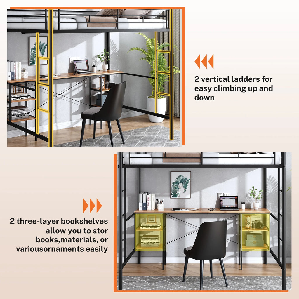 Black Twin Metal Loft Bed with Desk and 4 Shelves X6369