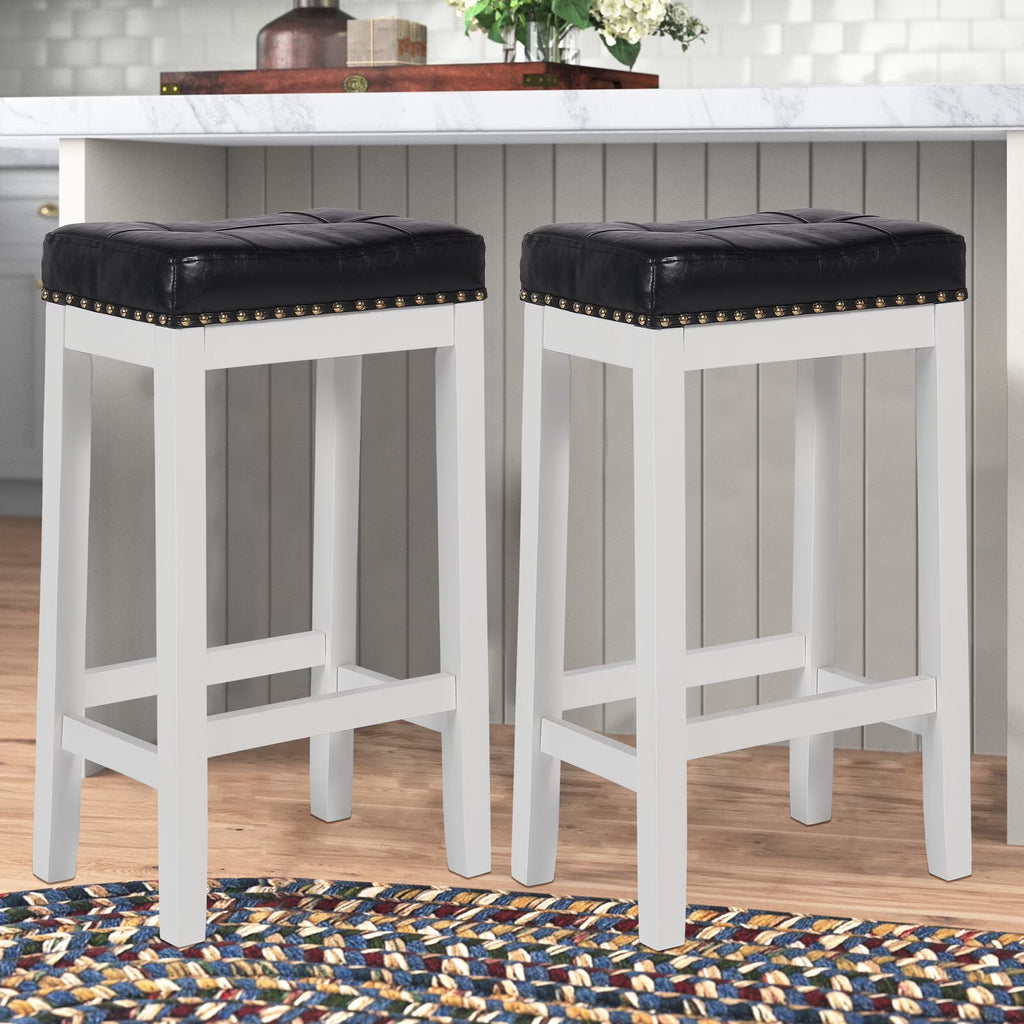 29 Inch Bar Stools Set of 2 PU Leather Solid Wooden Saddle Stool White F9723