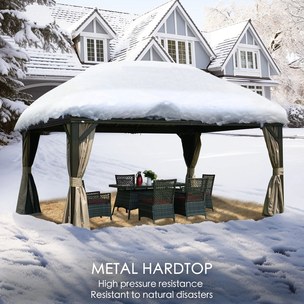 12'x16' Gray Hardtop Aluminum Permanent Gazebo with Mosquito Net and Privacy Sidewalls K9471